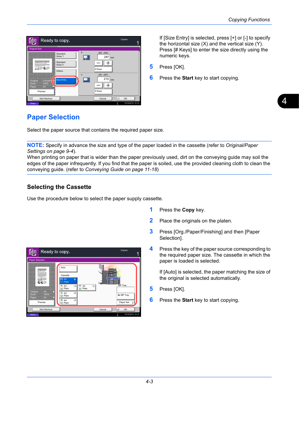 Paper selection, Selecting the cassette, Paper selection -3 | Copying functions 4-3, Press [ok, Press the start key to start copying, Press the copy key, Place the originals on the platen | TA Triumph-Adler DC 2435 User Manual | Page 159 / 568