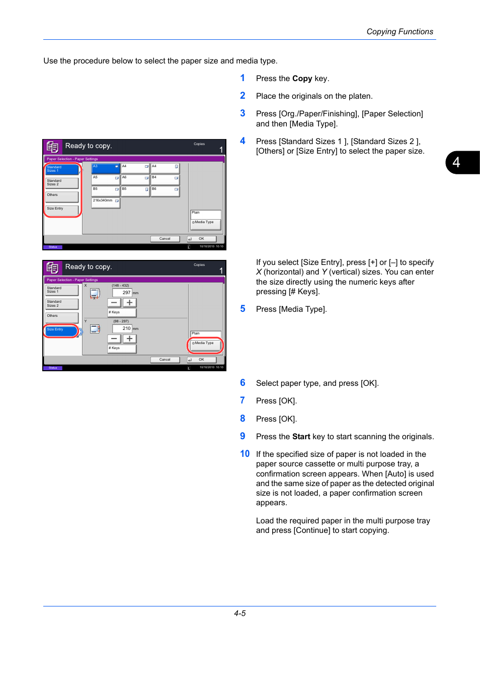 Copying functions 4-5, Press the copy key, Place the originals on the platen | Press [media type, Select paper type, and press [ok, Press [ok | TA Triumph-Adler DC 2435 User Manual | Page 161 / 568