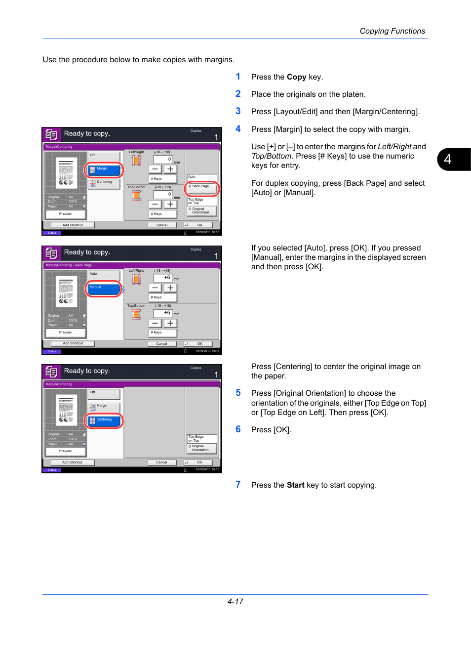 Copying functions 4-17, Press the copy key, Place the originals on the platen | Press [layout/edit] and then [margin/centering, Press [ok, Press the start key to start copying | TA Triumph-Adler DC 2435 User Manual | Page 173 / 568