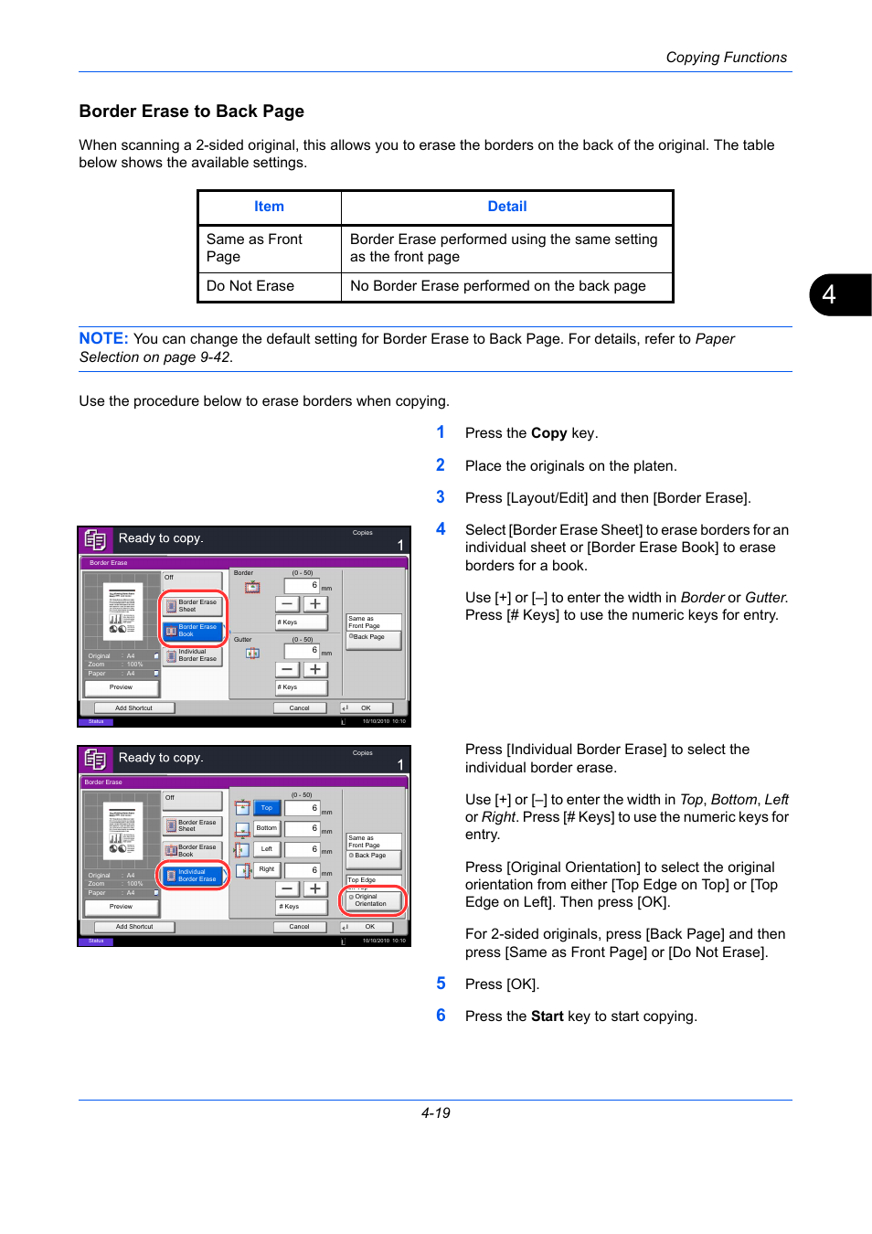 Border erase to back page, Copying functions 4-19, Press the copy key | Place the originals on the platen, Press [layout/edit] and then [border erase, Press [ok | TA Triumph-Adler DC 2435 User Manual | Page 175 / 568