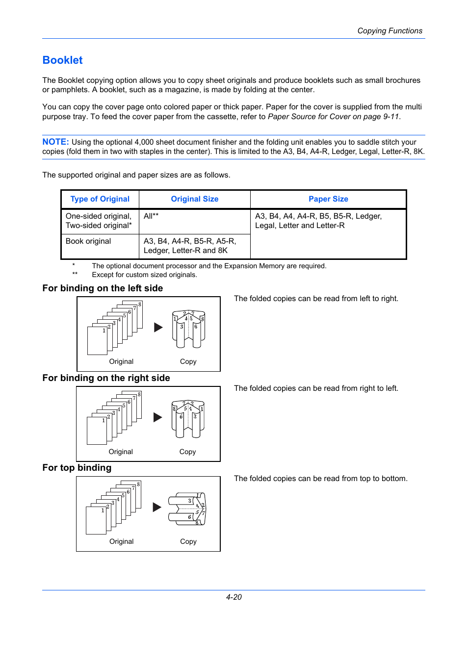 Booklet, For binding on the left side, For binding on the right side | For top binding, Booklet -20, E 4-20, E 4-20) | TA Triumph-Adler DC 2435 User Manual | Page 176 / 568