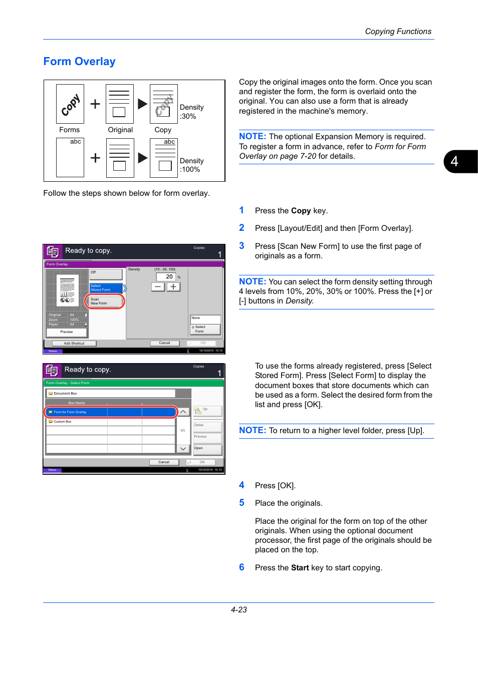 Form overlay, Form overlay -23, E 4-23) | Copying functions 4-23, Press the copy key, Press [layout/edit] and then [form overlay, Press [ok, Press the start key to start copying | TA Triumph-Adler DC 2435 User Manual | Page 179 / 568