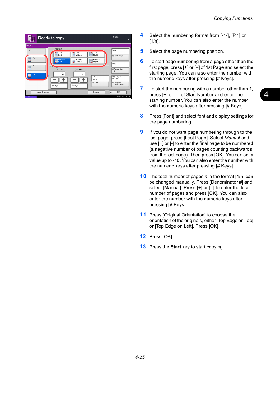 Copying functions 4-25, Select the page numbering position, Press [ok | Press the start key to start copying | TA Triumph-Adler DC 2435 User Manual | Page 181 / 568