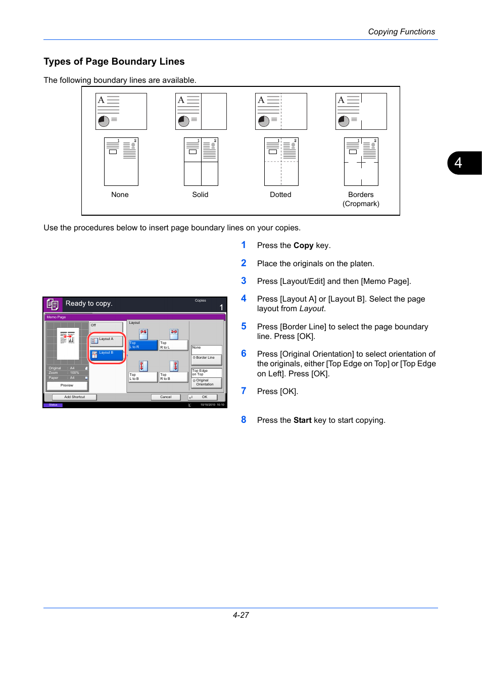 Types of page boundary lines, Copying functions 4-27, Press the copy key | Place the originals on the platen, Press [ok, Press the start key to start copying | TA Triumph-Adler DC 2435 User Manual | Page 183 / 568