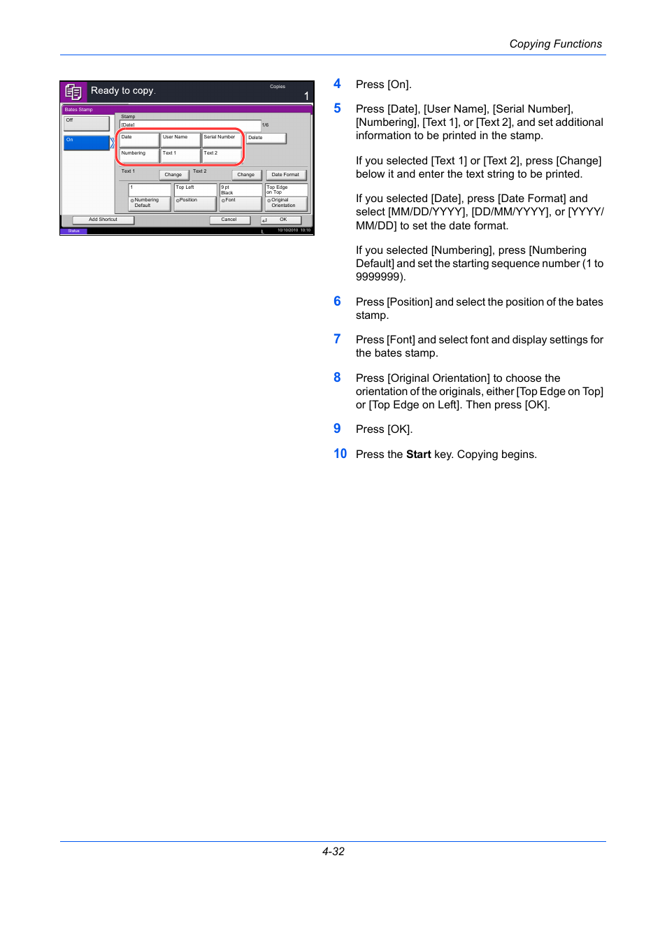 Copying functions 4-32, Press [on, Press [ok | Press the start key. copying begins | TA Triumph-Adler DC 2435 User Manual | Page 188 / 568