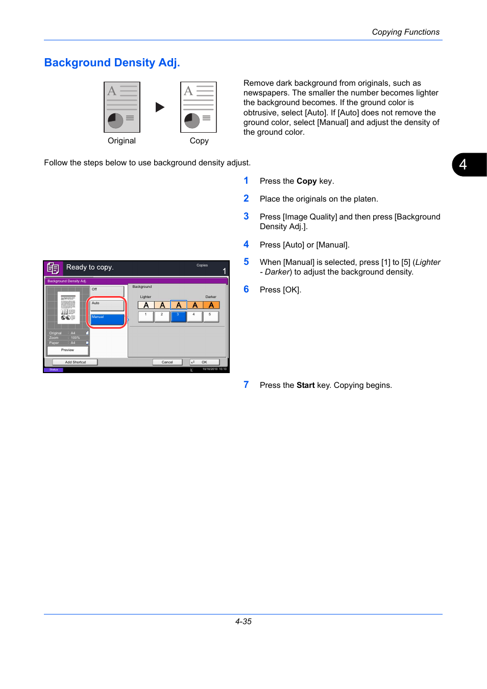 Background density adj, Background density adj -35, E 4-35) | Copying functions 4-35, Press the copy key, Place the originals on the platen, Press [auto] or [manual, Press [ok, Press the start key. copying begins. original copy | TA Triumph-Adler DC 2435 User Manual | Page 191 / 568