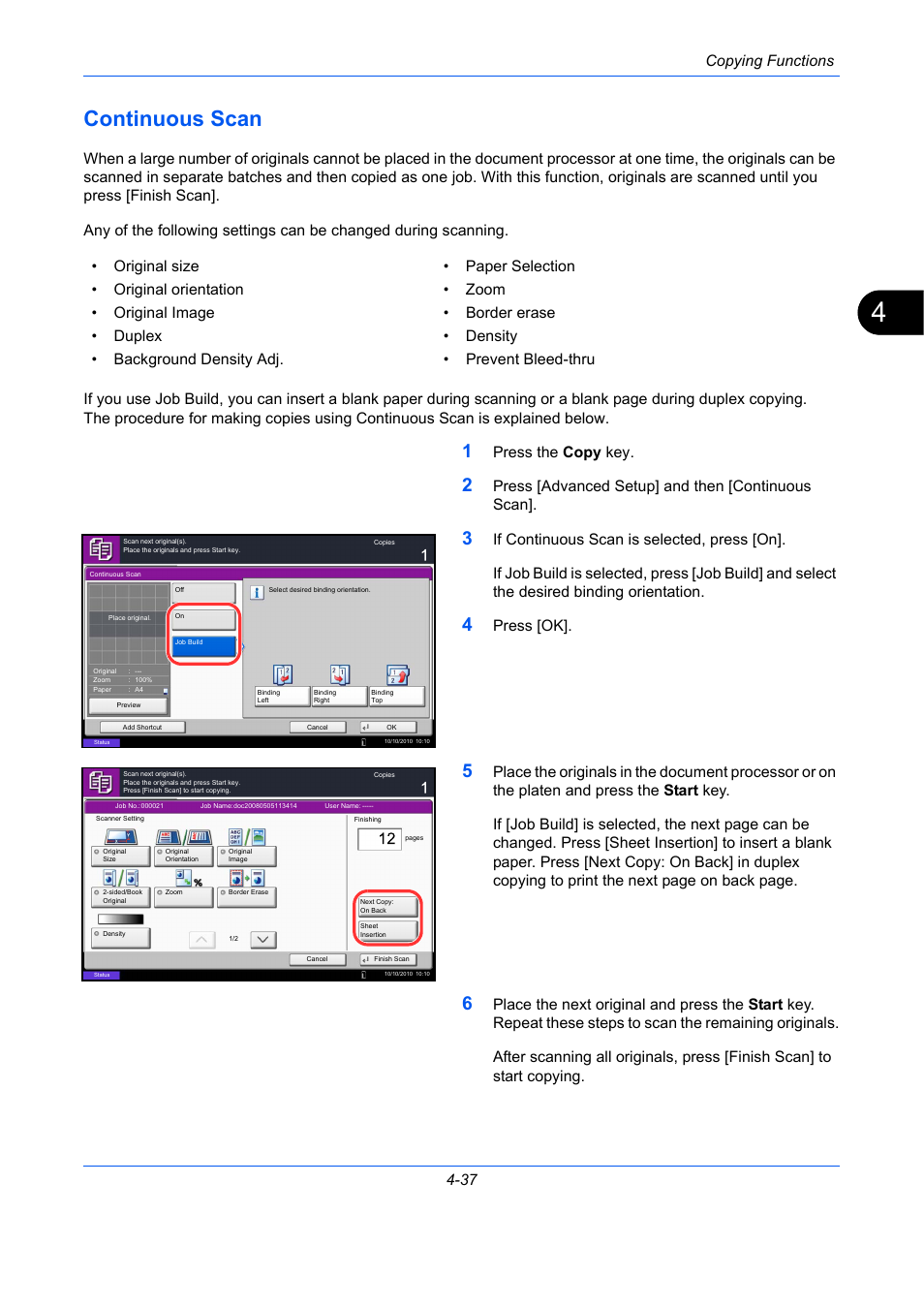 Continuous scan, Continuous scan -37, E 4-37) | Copying functions 4-37, Press the copy key, Press [advanced setup] and then [continuous scan, Press [ok | TA Triumph-Adler DC 2435 User Manual | Page 193 / 568