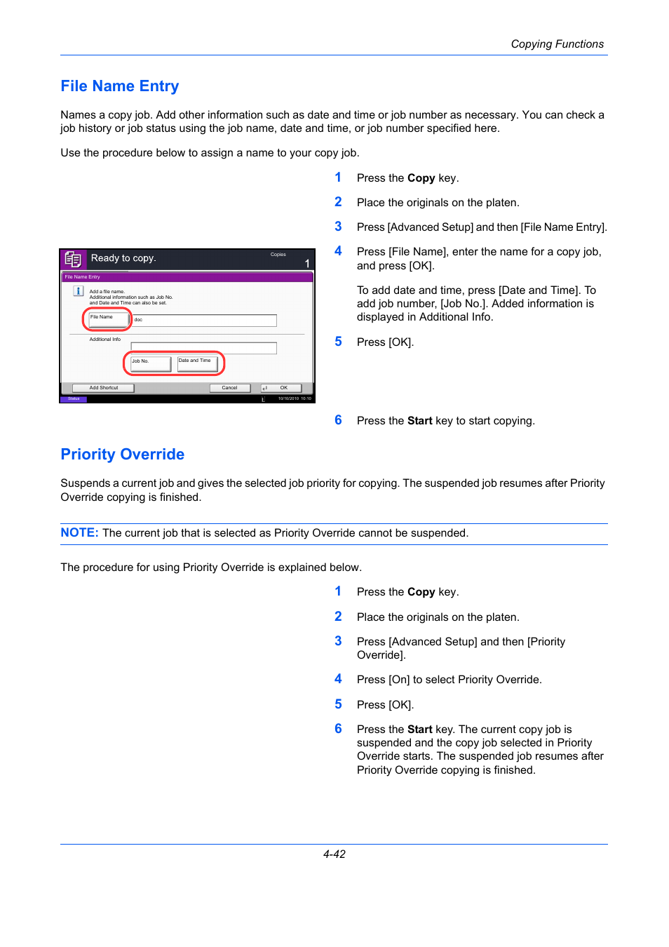 File name entry, Priority override, File name entry -42 priority override -42 | Age 4-42), E 4-42, Ge 4-42, File name entry -42, Priority override -42 | TA Triumph-Adler DC 2435 User Manual | Page 198 / 568