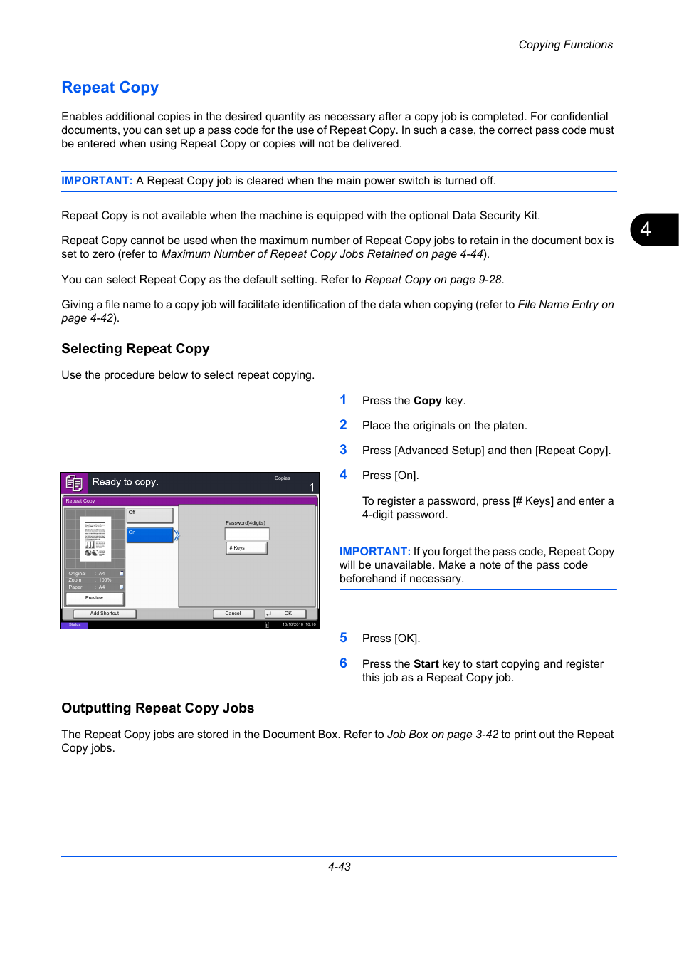 Repeat copy, Selecting repeat copy, Outputting repeat copy jobs | Repeat copy -43, E 4-43 | TA Triumph-Adler DC 2435 User Manual | Page 199 / 568