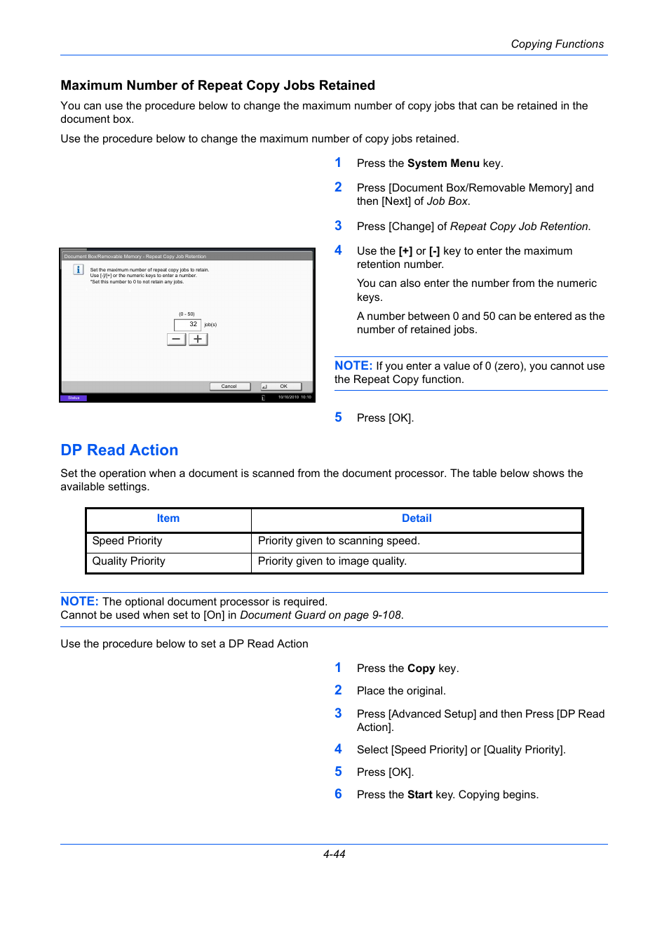 Maximum number of repeat copy jobs retained, Dp read action, Dp read action -44 | TA Triumph-Adler DC 2435 User Manual | Page 200 / 568