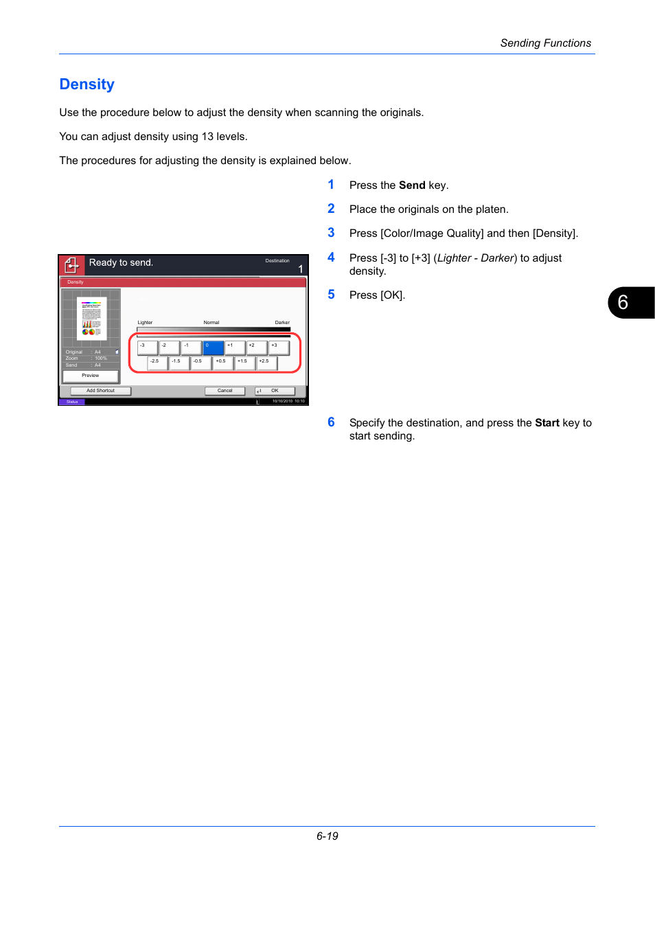 Density, Density -19, Ge 6-19 | E 6-19), Sending functions 6-19, Press the send key, Place the originals on the platen, Press [color/image quality] and then [density, Press [ok | TA Triumph-Adler DC 2435 User Manual | Page 231 / 568