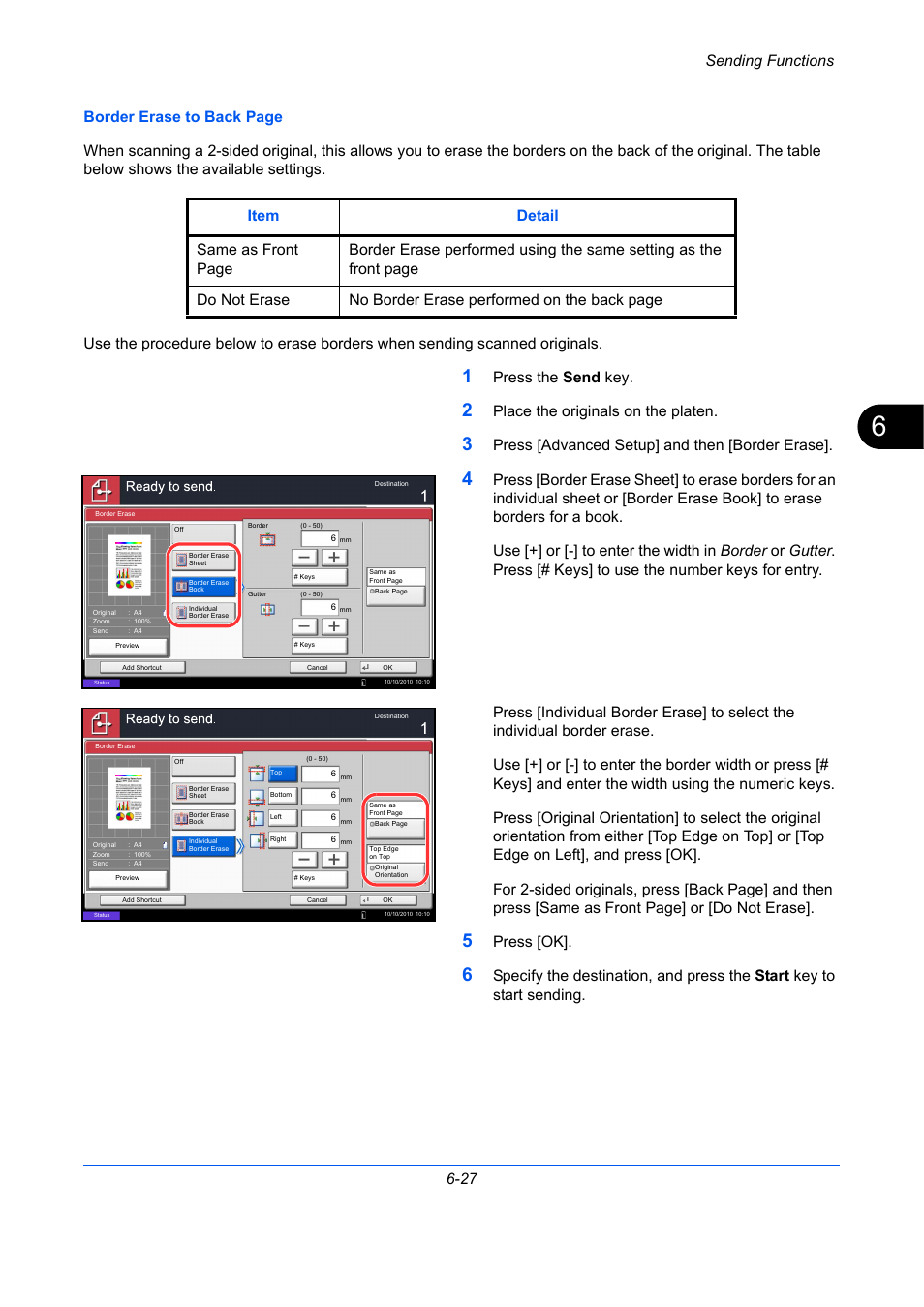 Sending functions 6-27, Press the send key, Place the originals on the platen | Press [advanced setup] and then [border erase, Press [ok | TA Triumph-Adler DC 2435 User Manual | Page 239 / 568