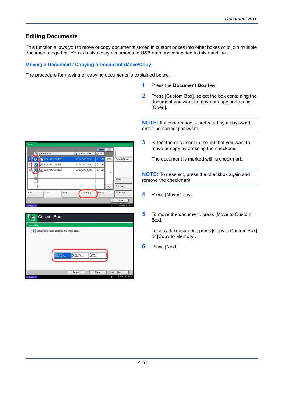 Editing documents, Ge 7-10), Document box 7-10 | Press the document box key, Press [move/copy, Press [next | TA Triumph-Adler DC 2435 User Manual | Page 266 / 568