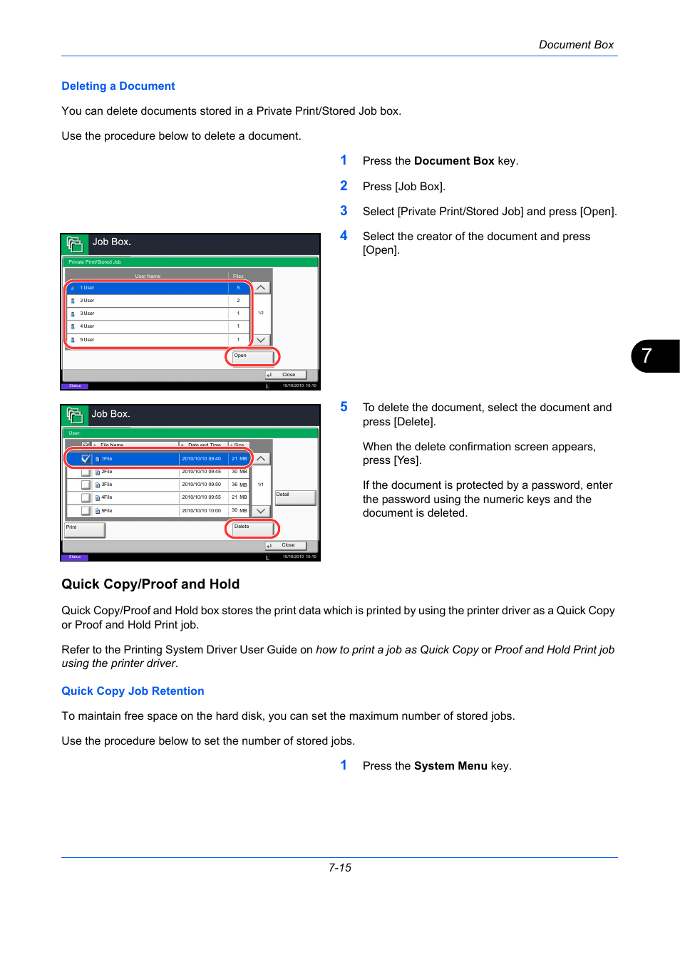 Quick copy/proof and hold, E 7-15), Document box 7-15 | Press the document box key, Press [job box, Select [private print/stored job] and press [open, Select the creator of the document and press [open, Press the system menu key | TA Triumph-Adler DC 2435 User Manual | Page 271 / 568