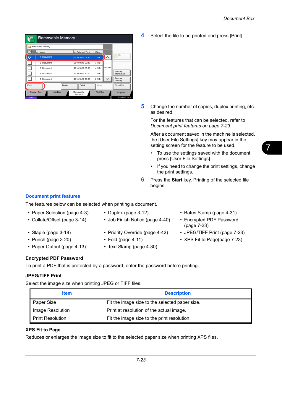 Ge 7-23), E 7-23), E 7-23 | Document box 7-23, Select the file to be printed and press [print | TA Triumph-Adler DC 2435 User Manual | Page 279 / 568