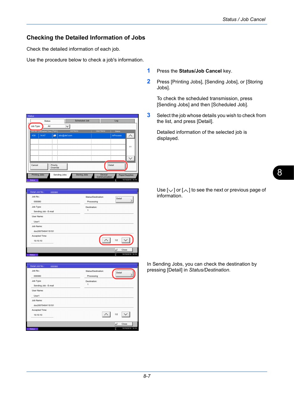 Checking the detailed information of jobs, Status / job cancel 8-7, Press the status/job cancel key | TA Triumph-Adler DC 2435 User Manual | Page 289 / 568