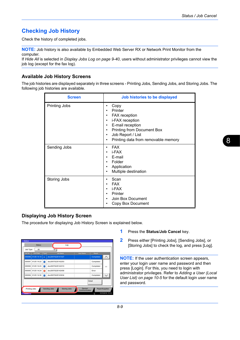 Checking job history, Available job history screens, Displaying job history screen | Checking job history -9, Status / job cancel 8-9, Check the history of completed jobs, Press the status/job cancel key | TA Triumph-Adler DC 2435 User Manual | Page 291 / 568