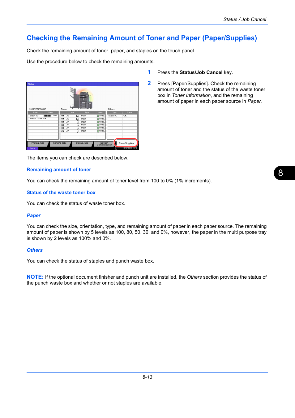 E 8-13), Status / job cancel 8-13, Press the status/job cancel key | TA Triumph-Adler DC 2435 User Manual | Page 295 / 568