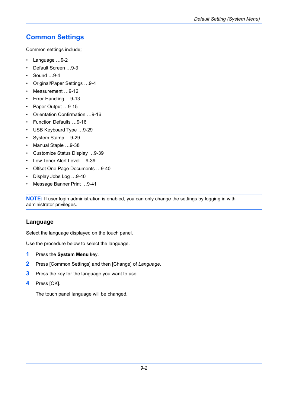 Common settings, Language, Common settings -2 | Ge 9-2) | TA Triumph-Adler DC 2435 User Manual | Page 300 / 568