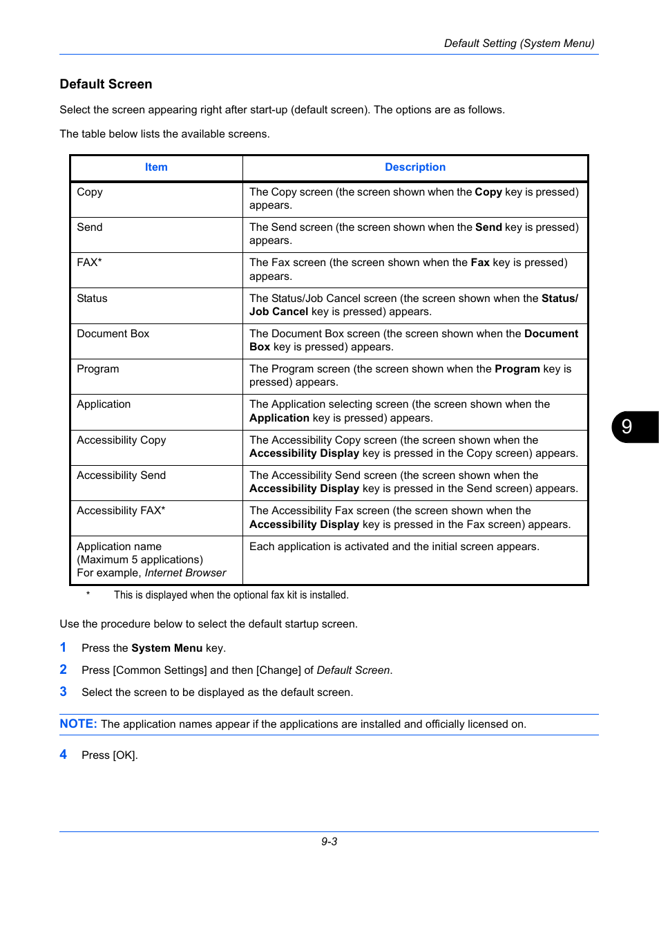 Default screen, E 9-3), Default screen …9-3 | TA Triumph-Adler DC 2435 User Manual | Page 301 / 568