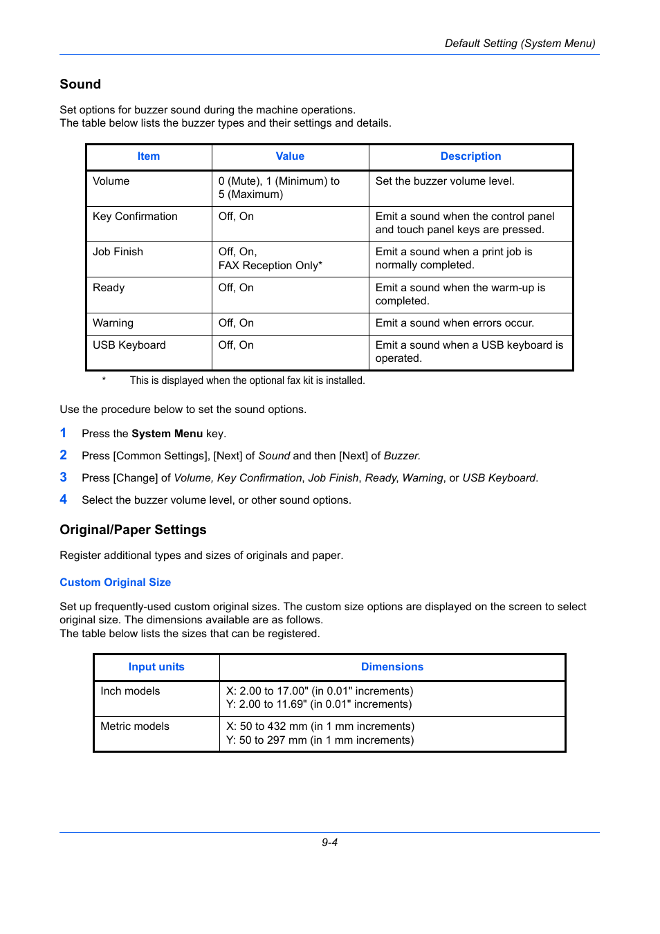 Sound, Original/paper settings, Age 9-4) | Sound …9-4 | TA Triumph-Adler DC 2435 User Manual | Page 302 / 568