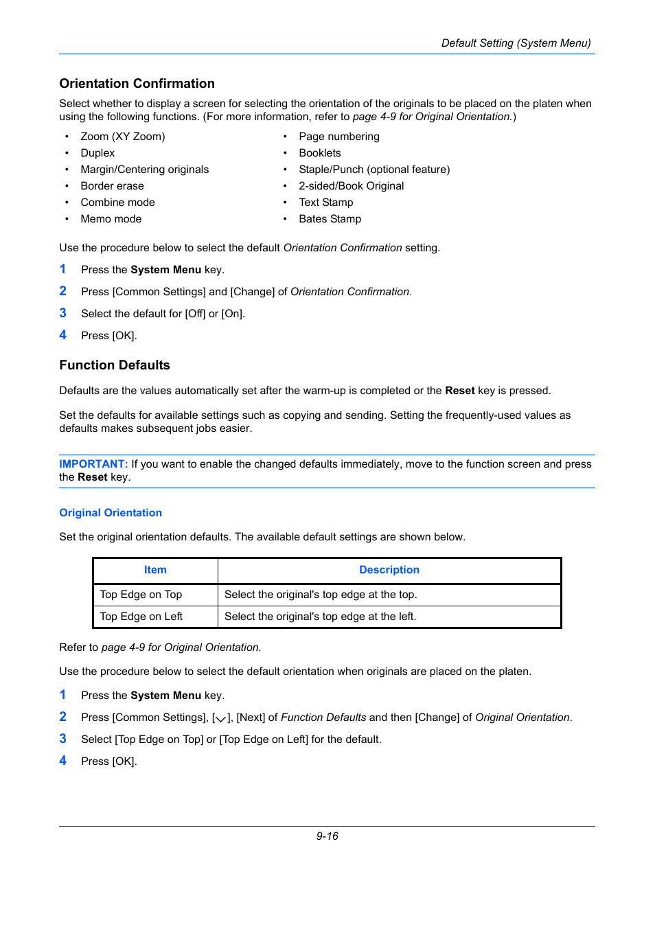 Orientation confirmation, Function defaults, Ge 9-16) | Orientation confirmation …9-16 | TA Triumph-Adler DC 2435 User Manual | Page 314 / 568