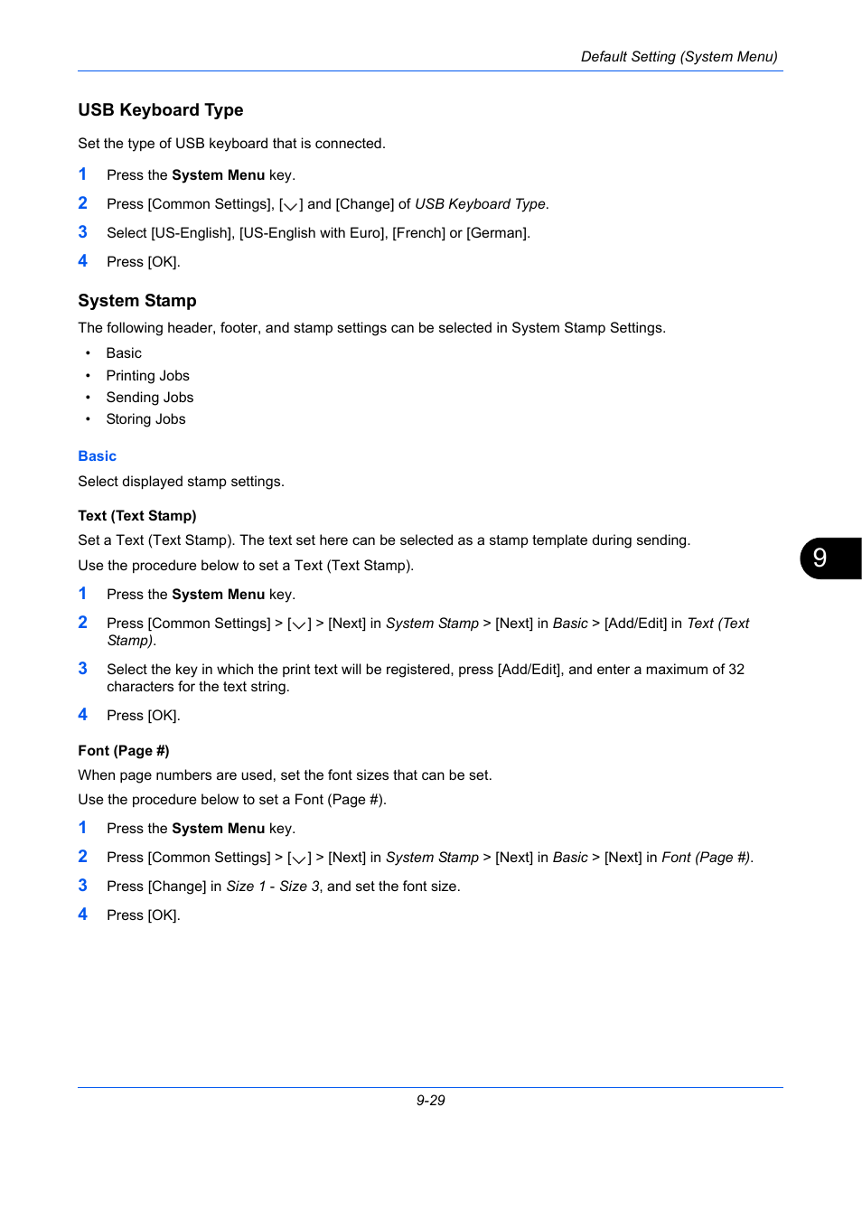 Usb keyboard type, System stamp, E 9-29 | System, Usb keyboard type …9-29, System stamp …9-29 | TA Triumph-Adler DC 2435 User Manual | Page 327 / 568