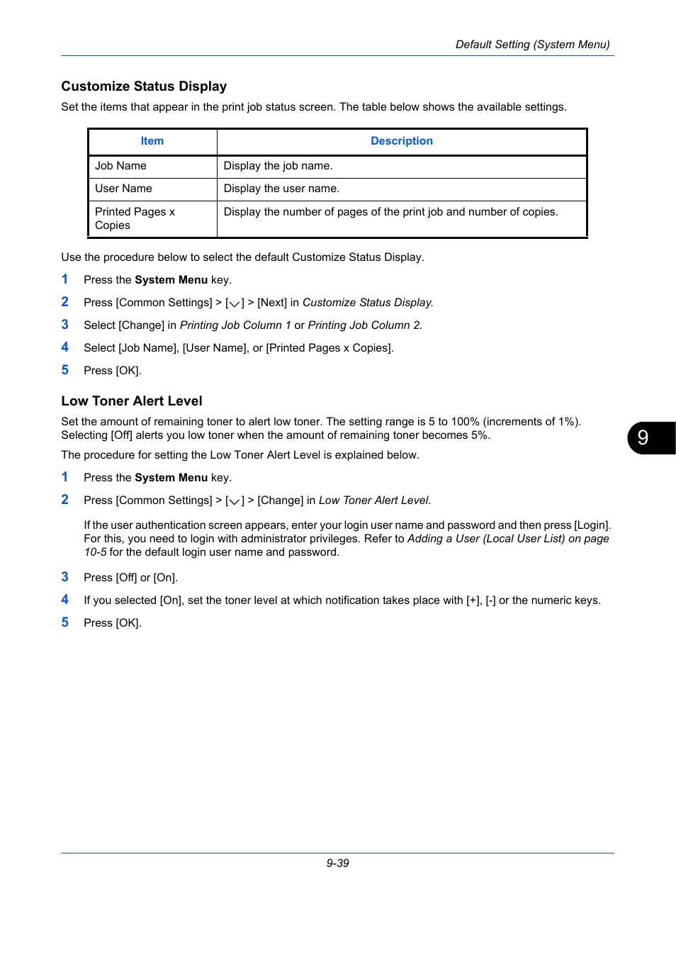 Customize status display, Low toner alert level, E 9-39) | Customize status display …9-39, Low toner alert level …9-39 | TA Triumph-Adler DC 2435 User Manual | Page 337 / 568