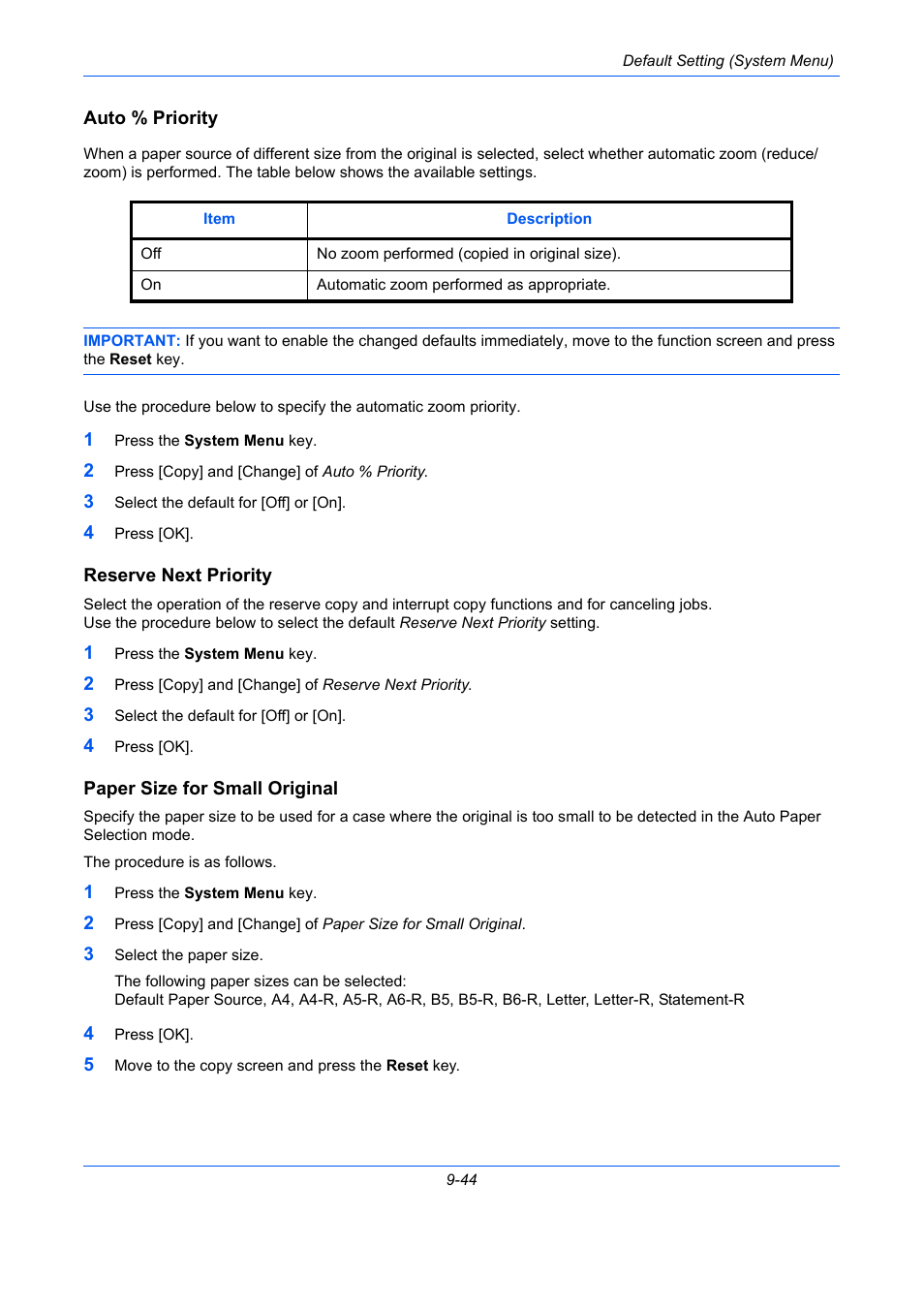 Auto % priority, Reserve next priority, Paper size for small original | E 9-44), Auto % priority …9-44, Reserve next priority …9-44, Paper size for small original …9-44 | TA Triumph-Adler DC 2435 User Manual | Page 342 / 568