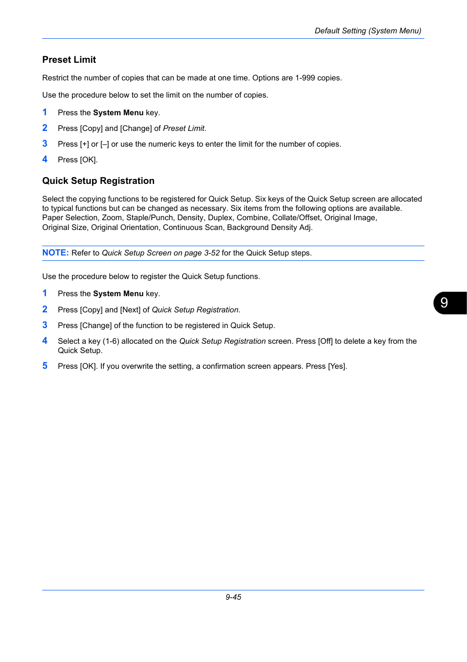 Preset limit, Quick setup registration, E 9-45) | Quick setup registration …9-45 | TA Triumph-Adler DC 2435 User Manual | Page 343 / 568