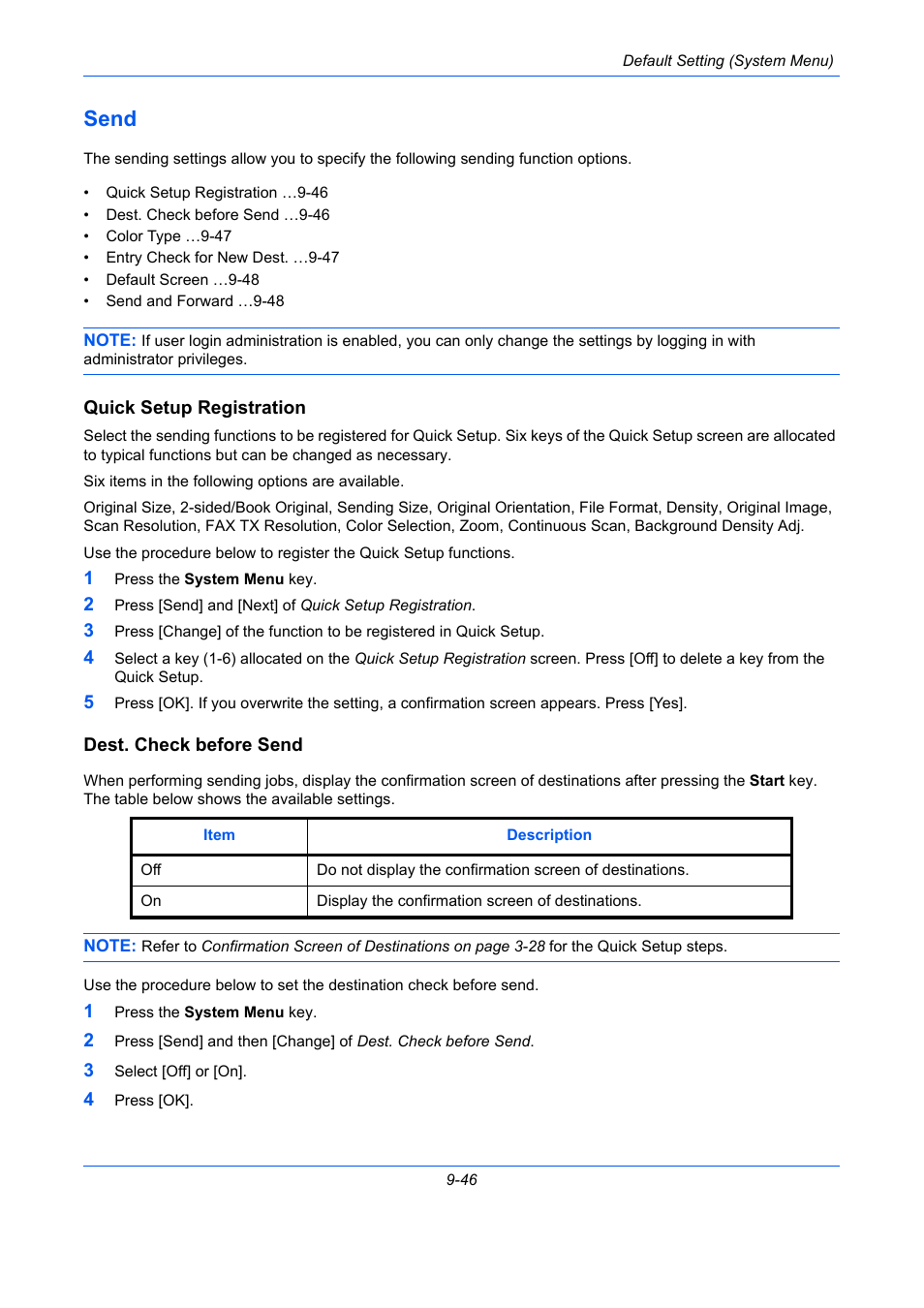 Send, Quick setup registration, Dest. check before send | Send -46, E 9-46), Ge 9-46 | TA Triumph-Adler DC 2435 User Manual | Page 344 / 568