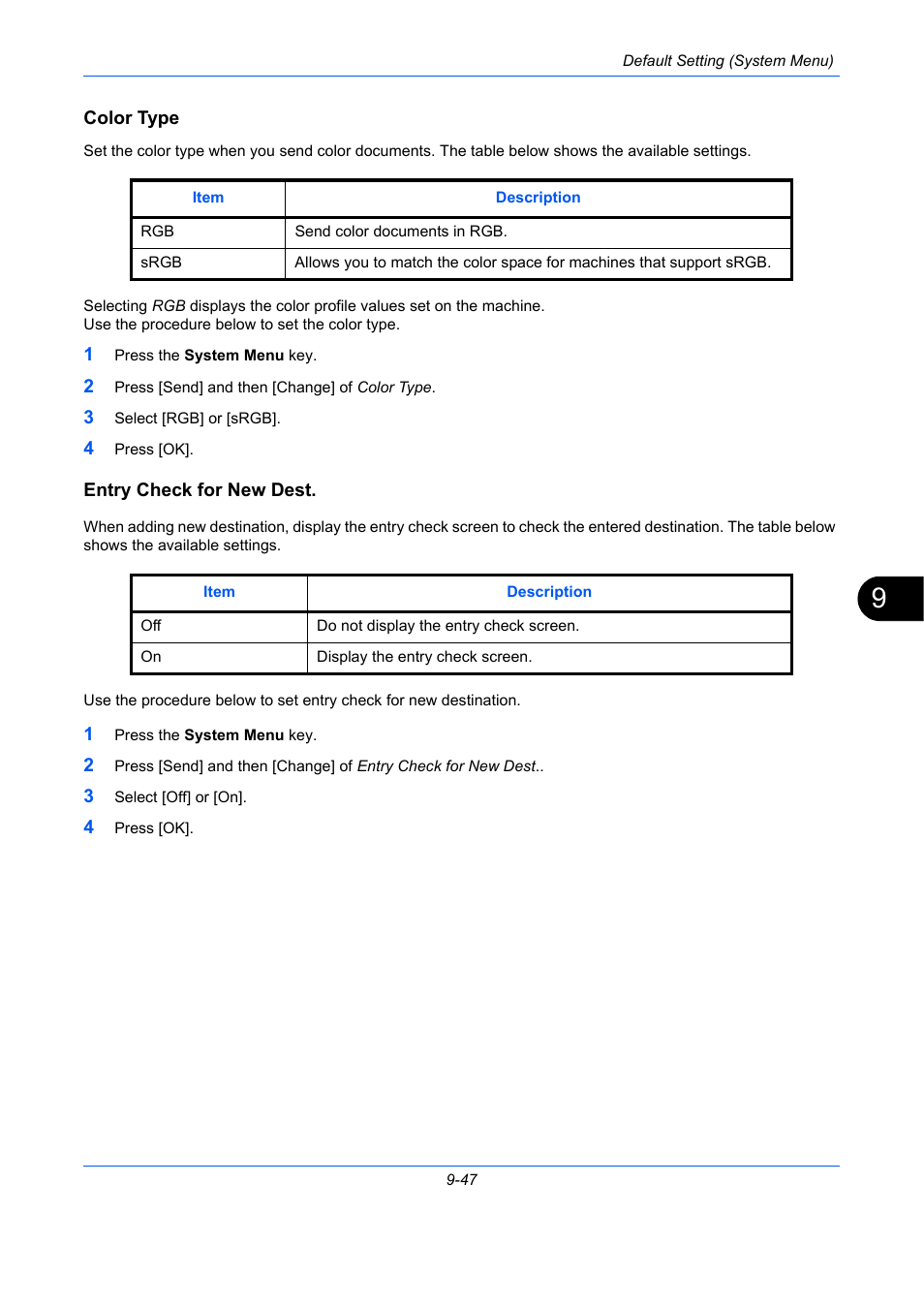 Color type, Entry check for new dest, E 9-47) | Color type …9-47, Entry check for new dest. …9-47 | TA Triumph-Adler DC 2435 User Manual | Page 345 / 568