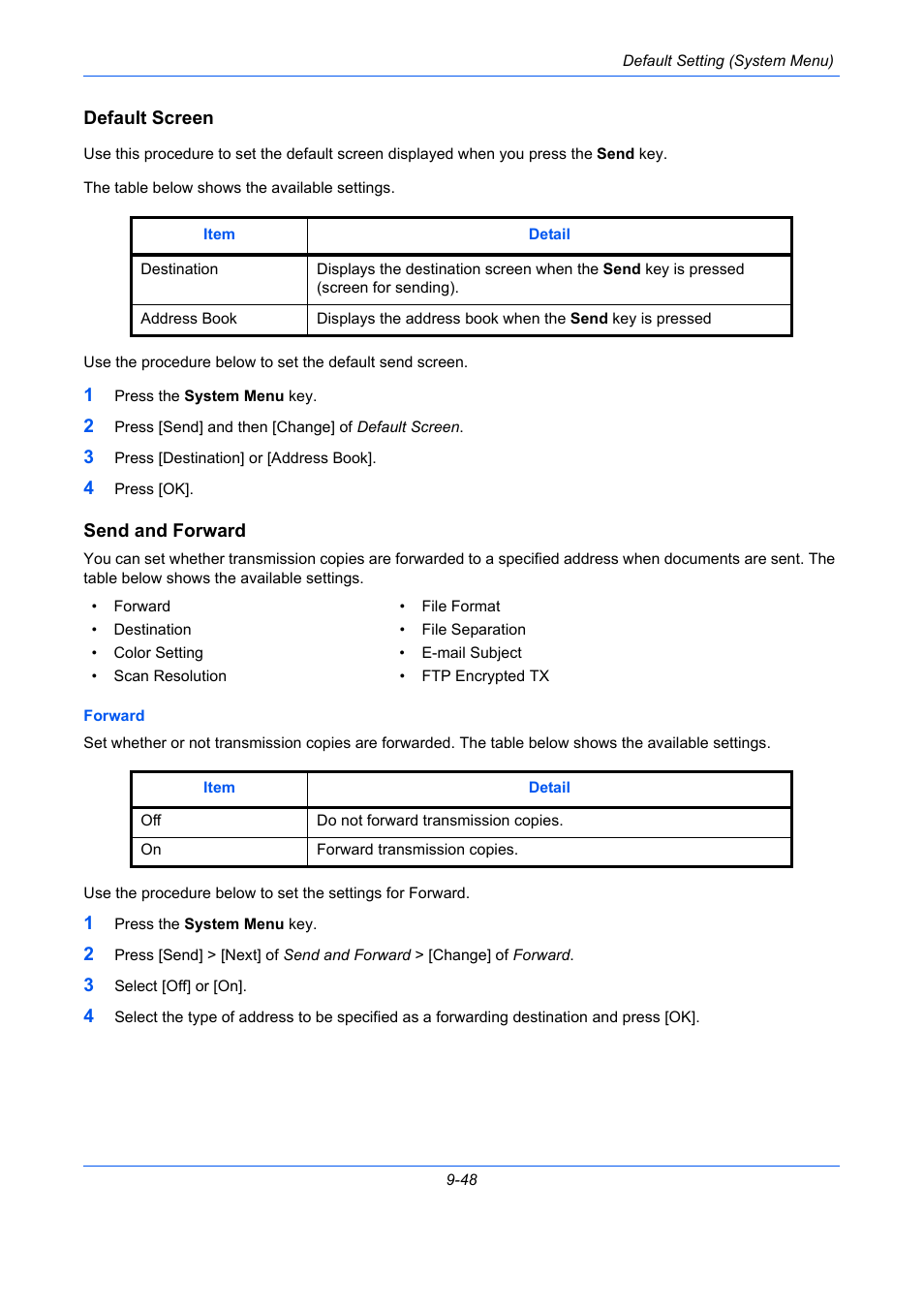 Default screen, Send and forward, E 9-48) | Default screen …9-48, Send and forward …9-48 | TA Triumph-Adler DC 2435 User Manual | Page 346 / 568