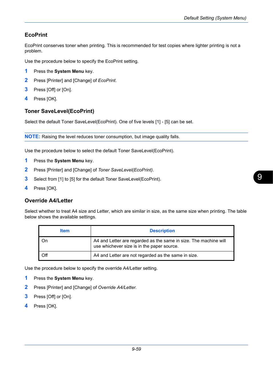 Ecoprint, Toner savelevel(ecoprint), Override a4/letter | E 9-59), Ge 9-59), Ecoprint …9-59, Toner savelevel(ecoprint) …9-59, Override a4/letter …9-59 | TA Triumph-Adler DC 2435 User Manual | Page 357 / 568