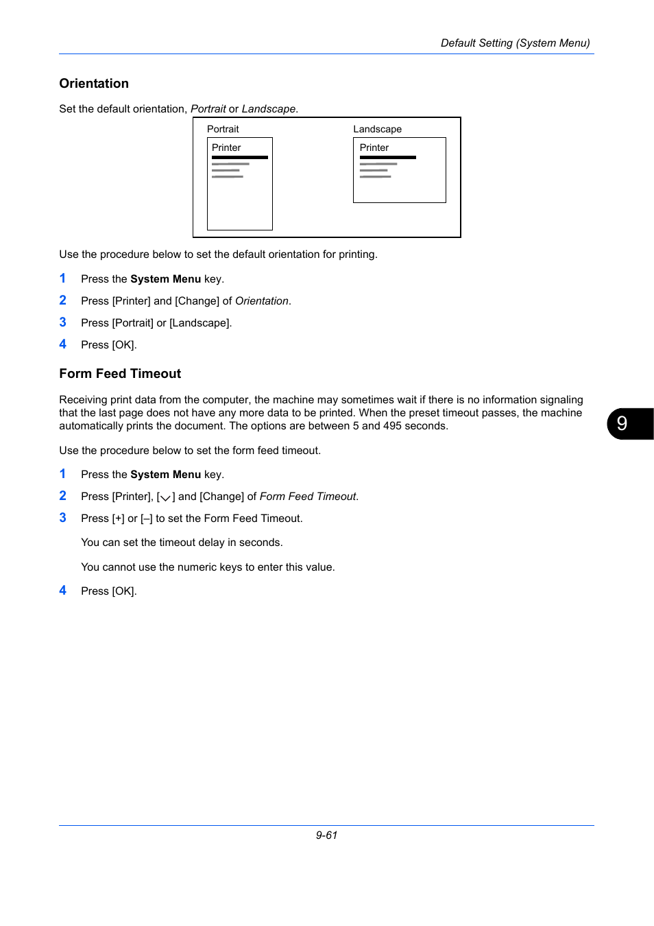 Orientation, Form feed timeout, E 9-61) | Orientation …9-61, Form feed timeout …9-61 | TA Triumph-Adler DC 2435 User Manual | Page 359 / 568