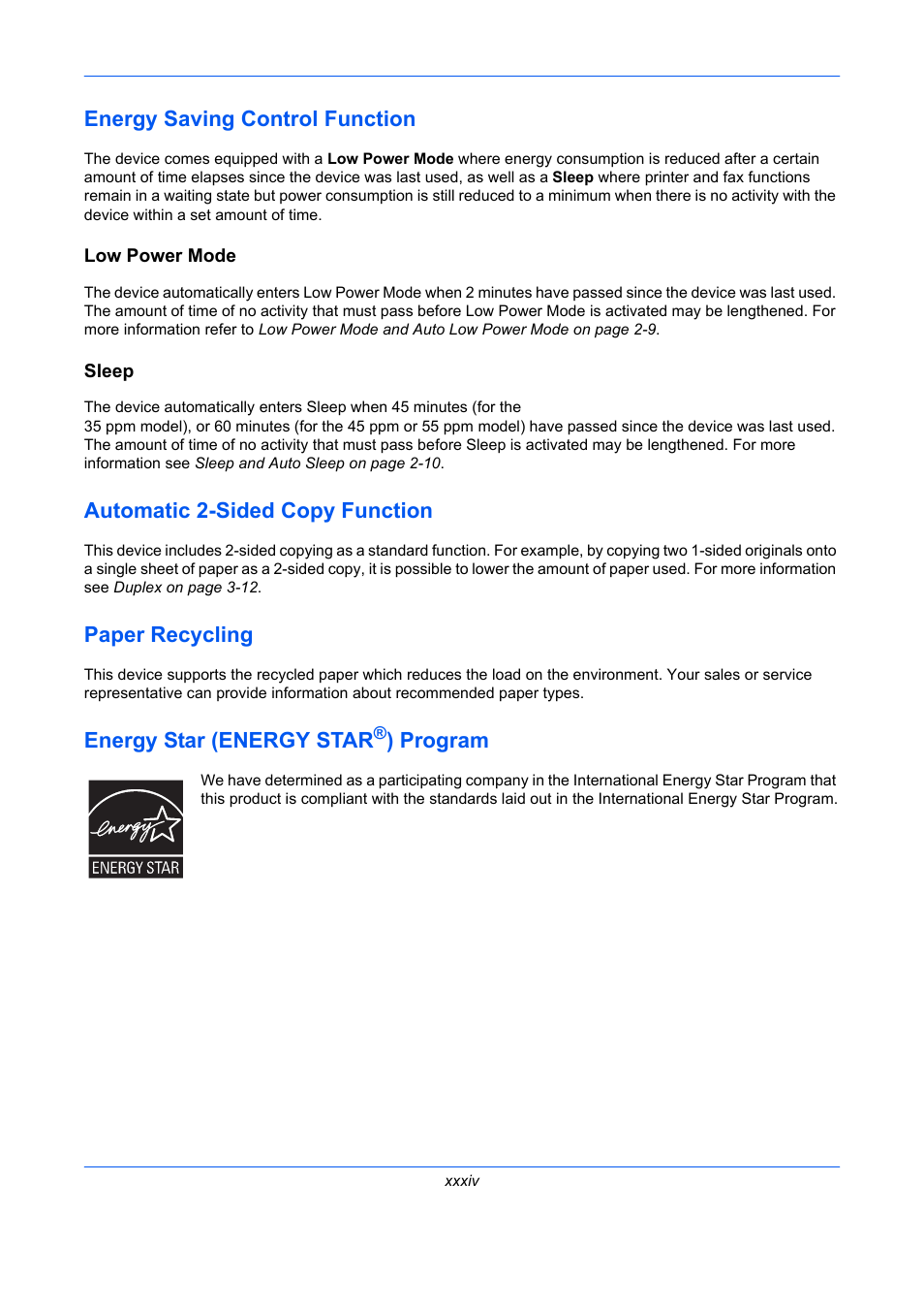 Energy saving control function, Automatic 2-sided copy function, Paper recycling | Energy star (energy star®) program, Energy star (energy star, Program | TA Triumph-Adler DC 2435 User Manual | Page 36 / 568