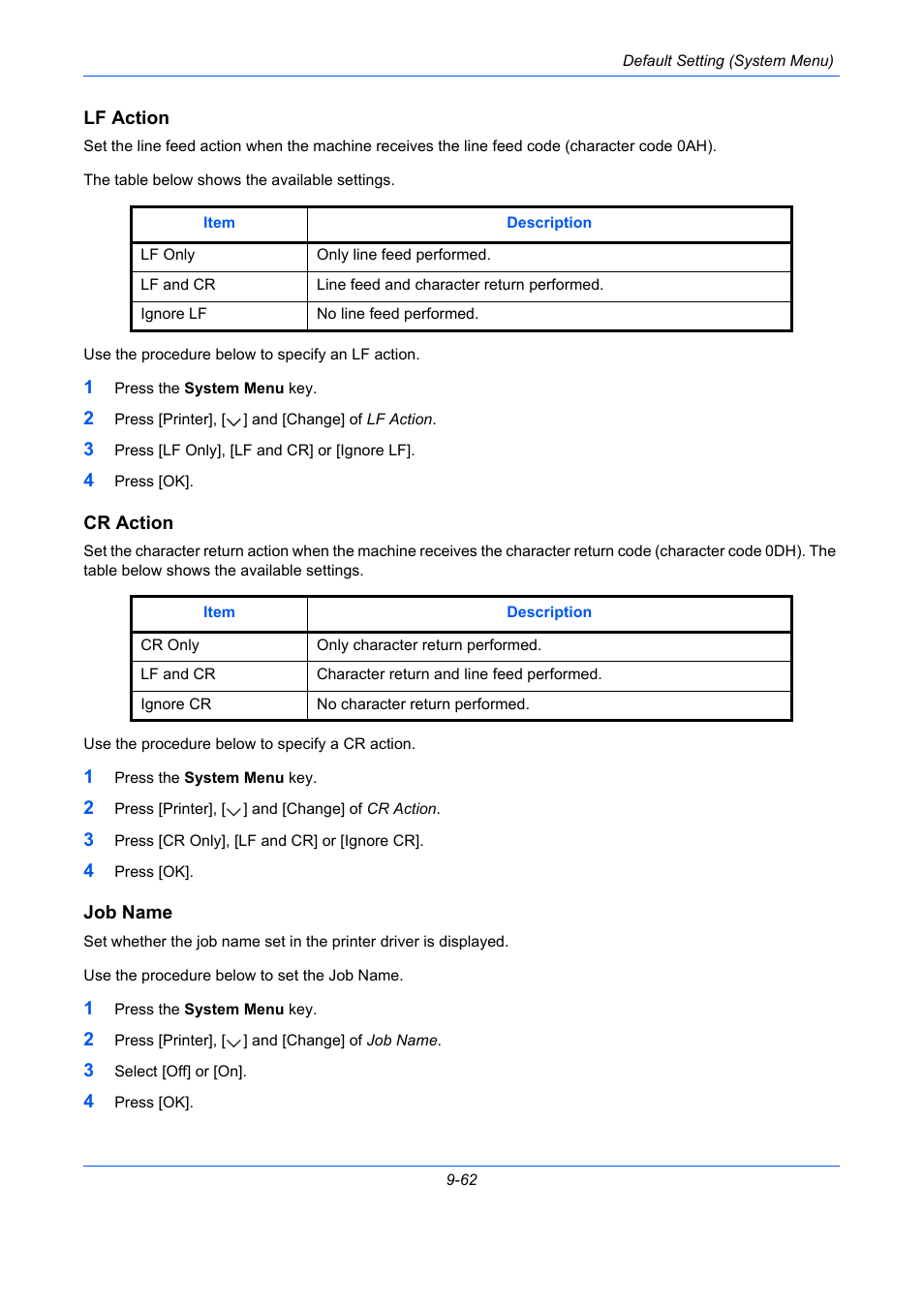 Lf action, Cr action, Job name | E 9-62, Ge 9-62, Lf action …9-62, Cr action …9-62 | TA Triumph-Adler DC 2435 User Manual | Page 360 / 568