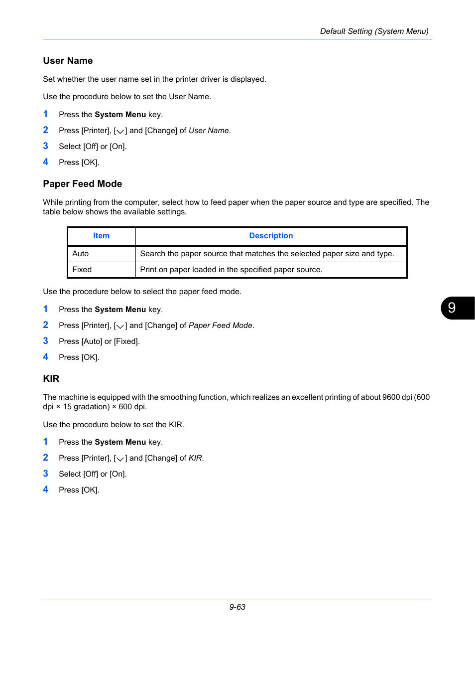 User name, Paper feed mode, E 9-63 | E 9-63), Paper feed mode …9-63, Kir …9-63 | TA Triumph-Adler DC 2435 User Manual | Page 361 / 568