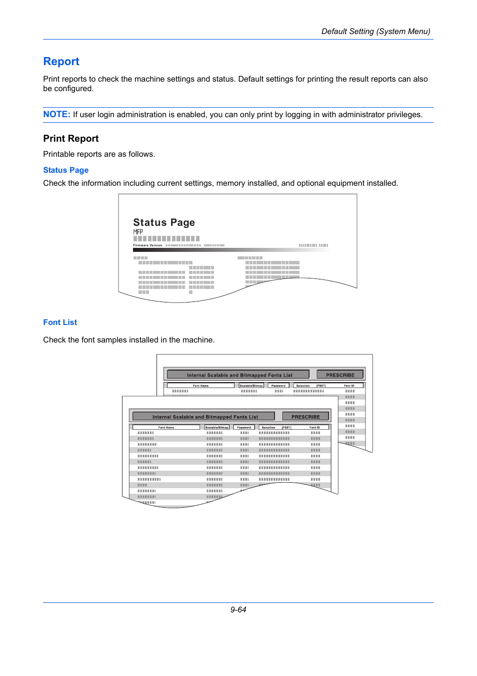 Report, Print report, Report -64 | E 9-64, Status page | TA Triumph-Adler DC 2435 User Manual | Page 362 / 568