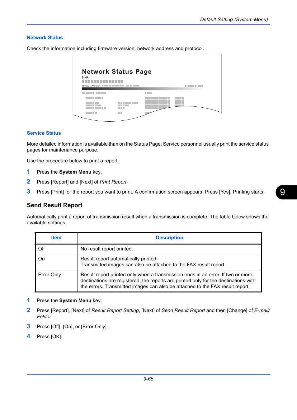 Send result report, E 9-65), Ge 9-65) | Network status page | TA Triumph-Adler DC 2435 User Manual | Page 363 / 568