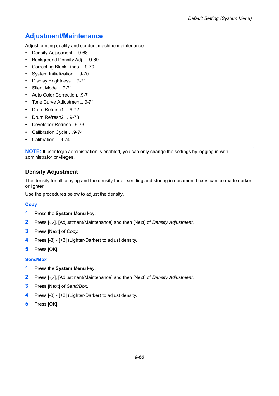 Adjustment/maintenance, Density adjustment, Adjustment/maintenance -68 | E 9-68 | TA Triumph-Adler DC 2435 User Manual | Page 366 / 568