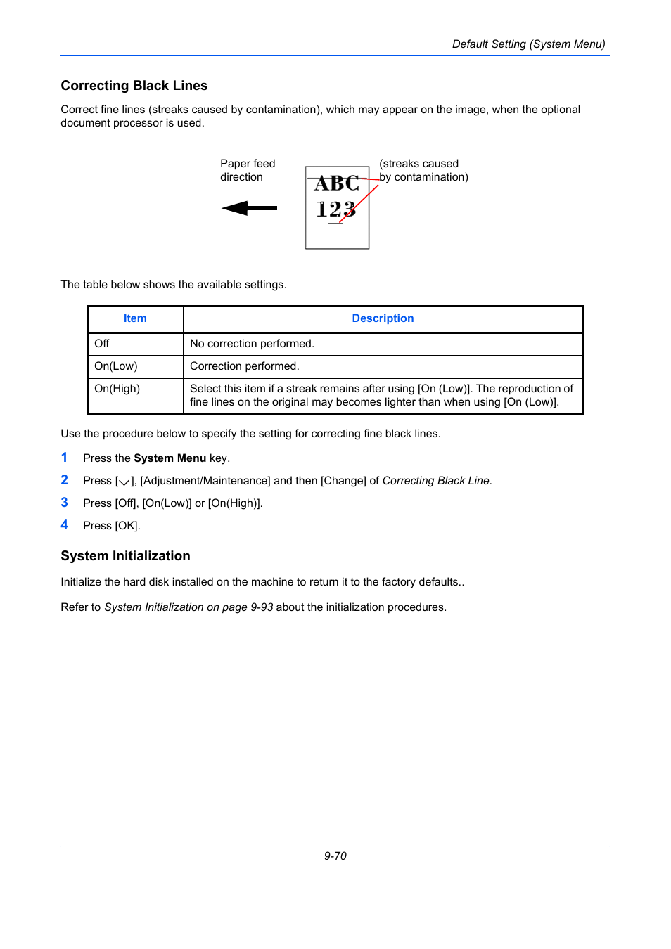 Correcting black lines, System initialization, Ge 9-70 | Ge 9-70), Correcting black lines …9-70, System initialization …9-70 | TA Triumph-Adler DC 2435 User Manual | Page 368 / 568