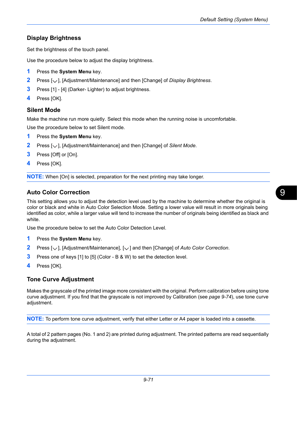 Display brightness, Silent mode, Auto color correction | Tone curve adjustment, E 9-71), E 9-71, Display brightness …9-71, Silent mode …9-71, Auto color correction -71, Tone curve adjustment -71 | TA Triumph-Adler DC 2435 User Manual | Page 369 / 568