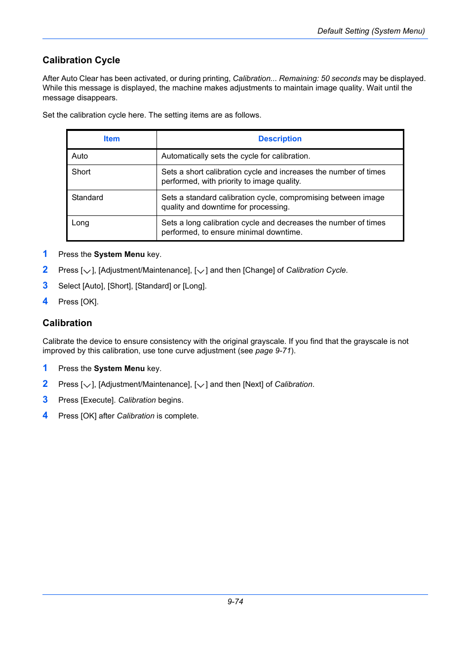 Calibration cycle, Calibration, Ge 9-74) | Calibration cycle …9-74, Calibration …9-74 | TA Triumph-Adler DC 2435 User Manual | Page 372 / 568