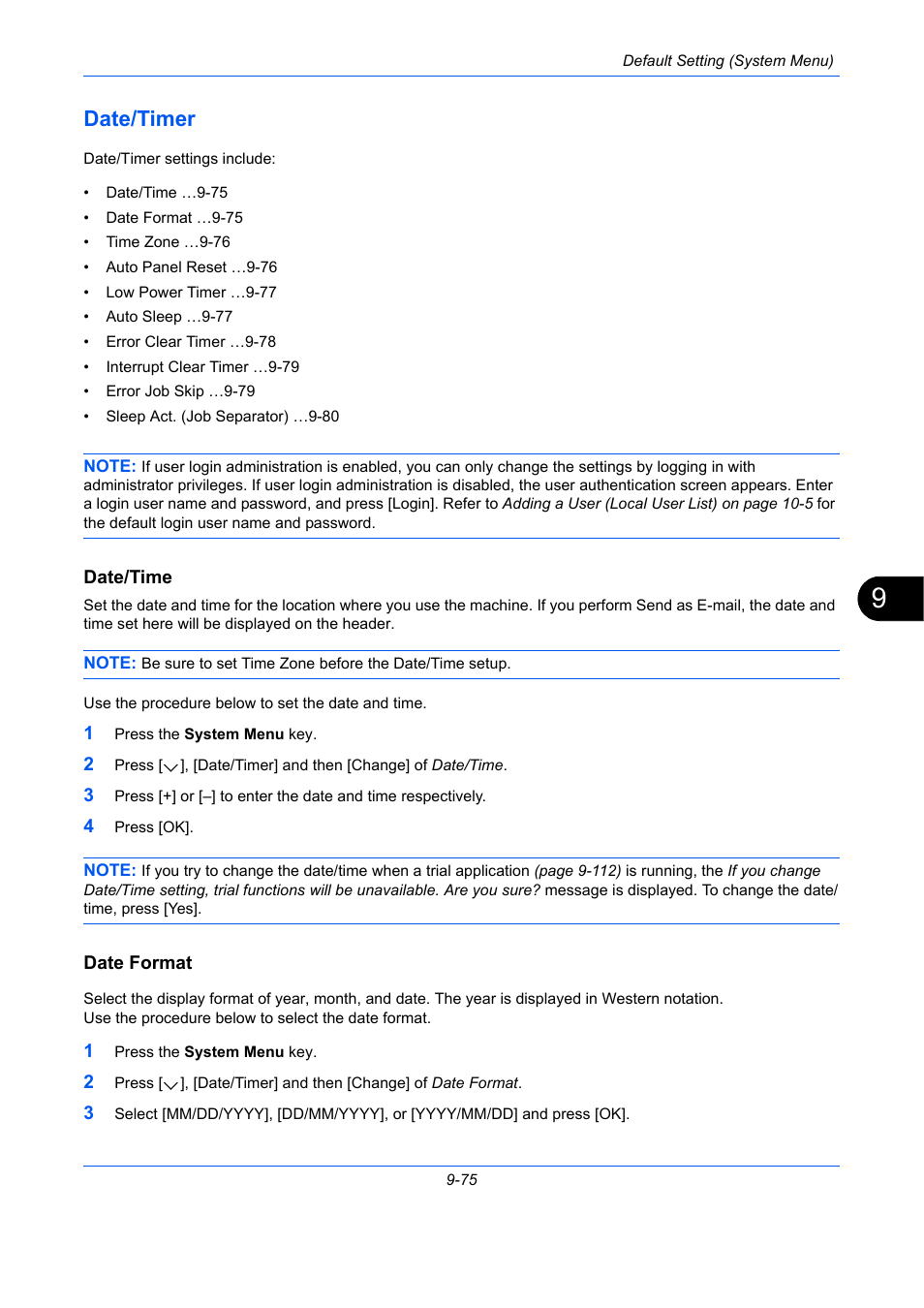 Date/timer, Date/time, Date format | Date/timer -75, Ge 9-75 | TA Triumph-Adler DC 2435 User Manual | Page 373 / 568