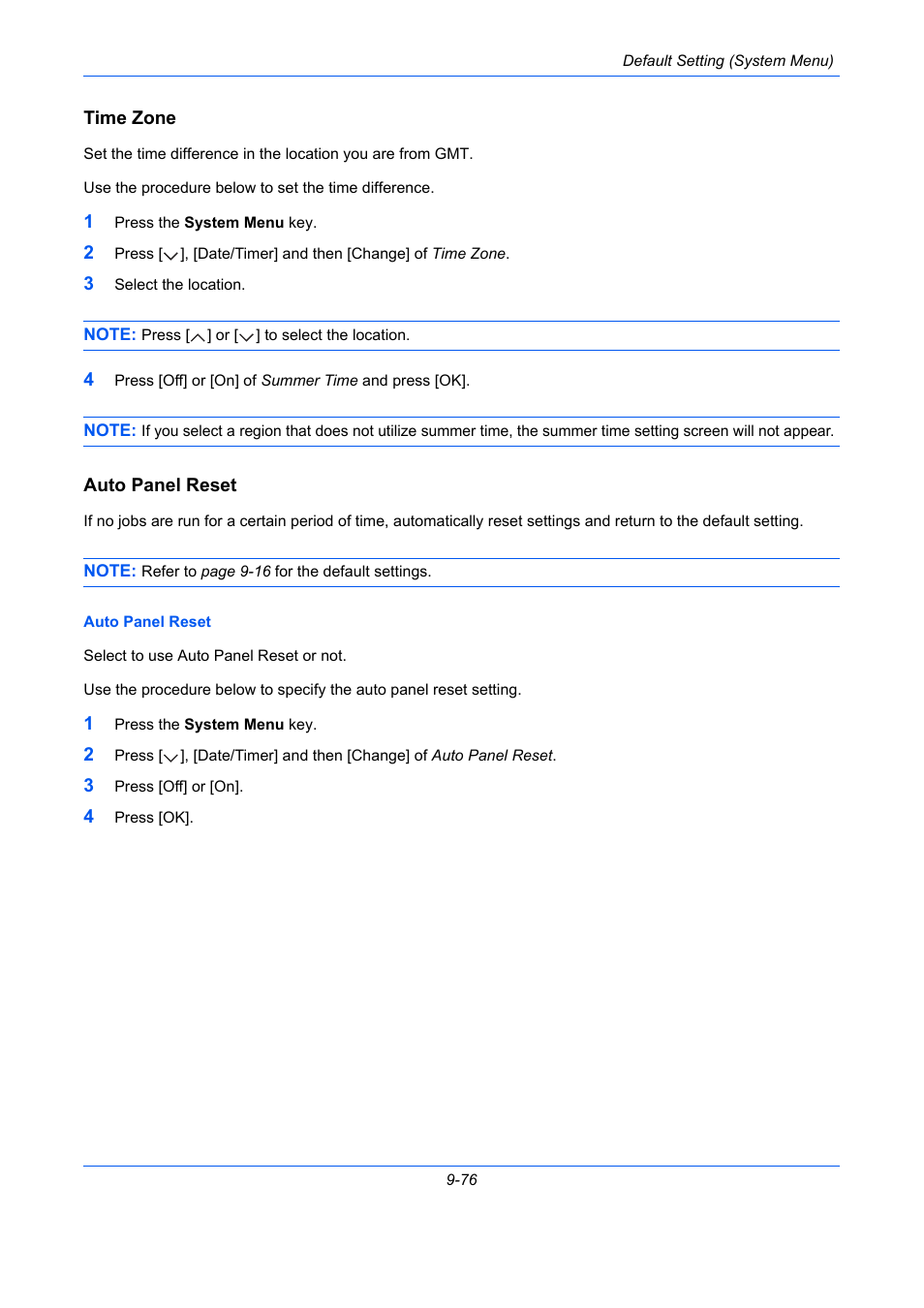 Time zone, Auto panel reset, Ge 9-76 | E 9-76), Time zone …9-76, Auto panel reset …9-76 | TA Triumph-Adler DC 2435 User Manual | Page 374 / 568