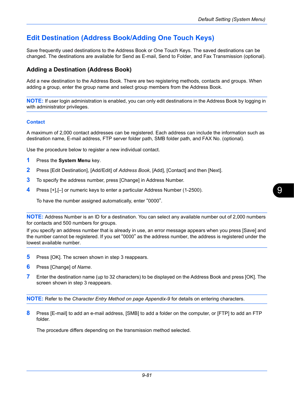 Adding a destination (address book), Edit destination (address book/adding one, Touch keys) | Ge 9-81) | TA Triumph-Adler DC 2435 User Manual | Page 379 / 568