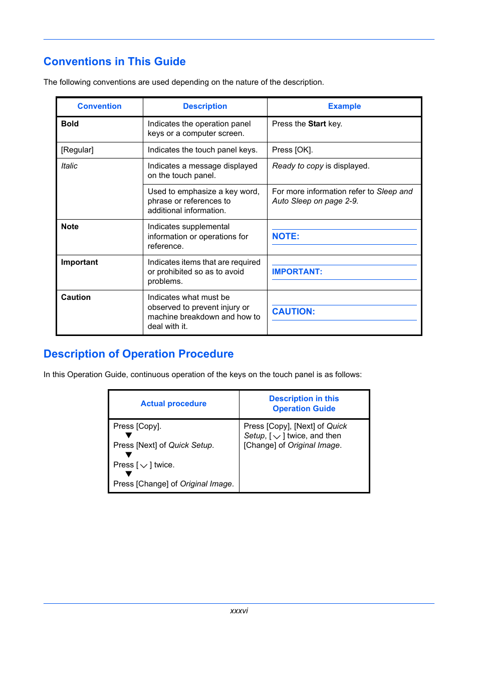 Conventions in this guide, Description of operation procedure | TA Triumph-Adler DC 2435 User Manual | Page 38 / 568