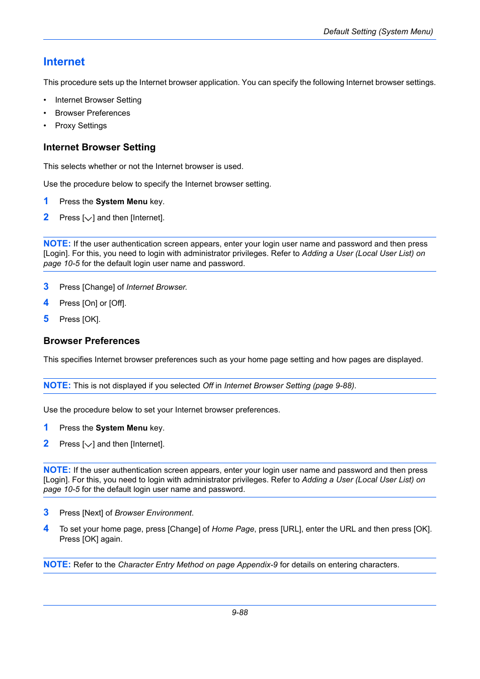 Internet, Internet browser setting, Browser preferences | Internet -88, E 9-88 | TA Triumph-Adler DC 2435 User Manual | Page 386 / 568