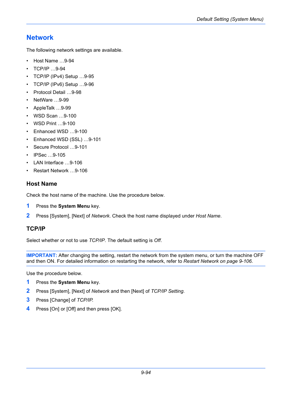 Network, Host name, Tcp/ip | Network -94, E 9-94), The network on 9-94 | TA Triumph-Adler DC 2435 User Manual | Page 392 / 568